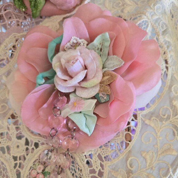 "Pink Shimmer Rose" Handmade Hair Clip - Velvet Rose and Vintage Upcycle Flapper - Picture 4 of 15